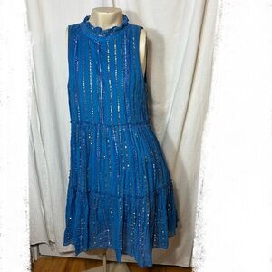 Oliphant women’s small blue tiered ruffle dress metallic rainbow stripes